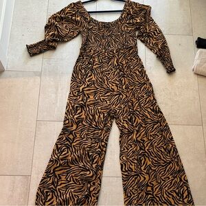 Anthropologie Black and Tan Animal-Print Wide-Leg Jumpsuit
